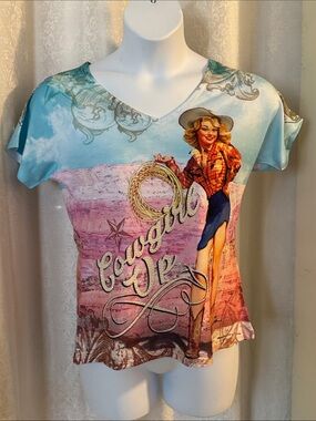 Cowgirl Graphic V-Neck Top in Teal and Pink - Women's Sz: L